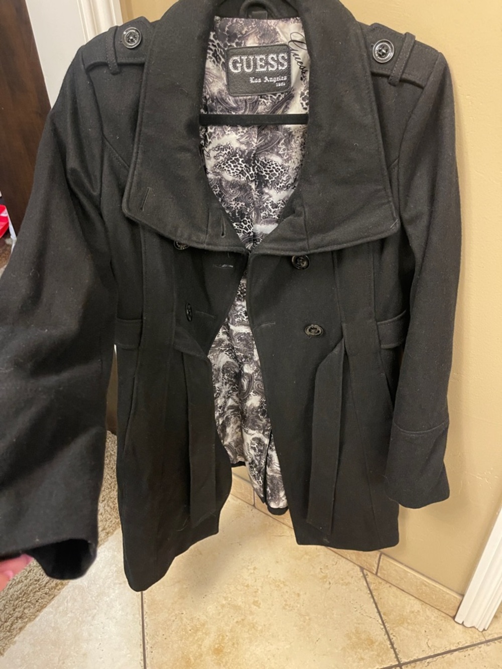 GUESS Black Women's Double-Breasted Trench Coat with Printed Lining